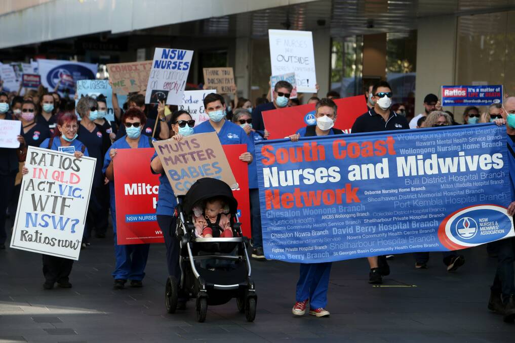 Local nurses at the march in Wollongong on March 31. Picture: Sylvia Liber.