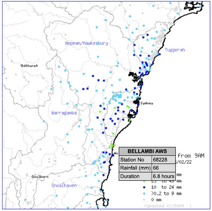 Rainfall data on the Bureau of Metrology shows that Bellambi had some of the state's highest rainfall from 9am on Saturday.