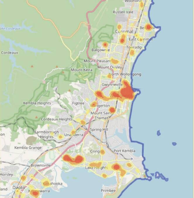 Hot spots: The council's new community safety plan outlines the places and times major crimes happen; this map shows some of the hot spots for domestic violence. Picture: Wollongong City Council.