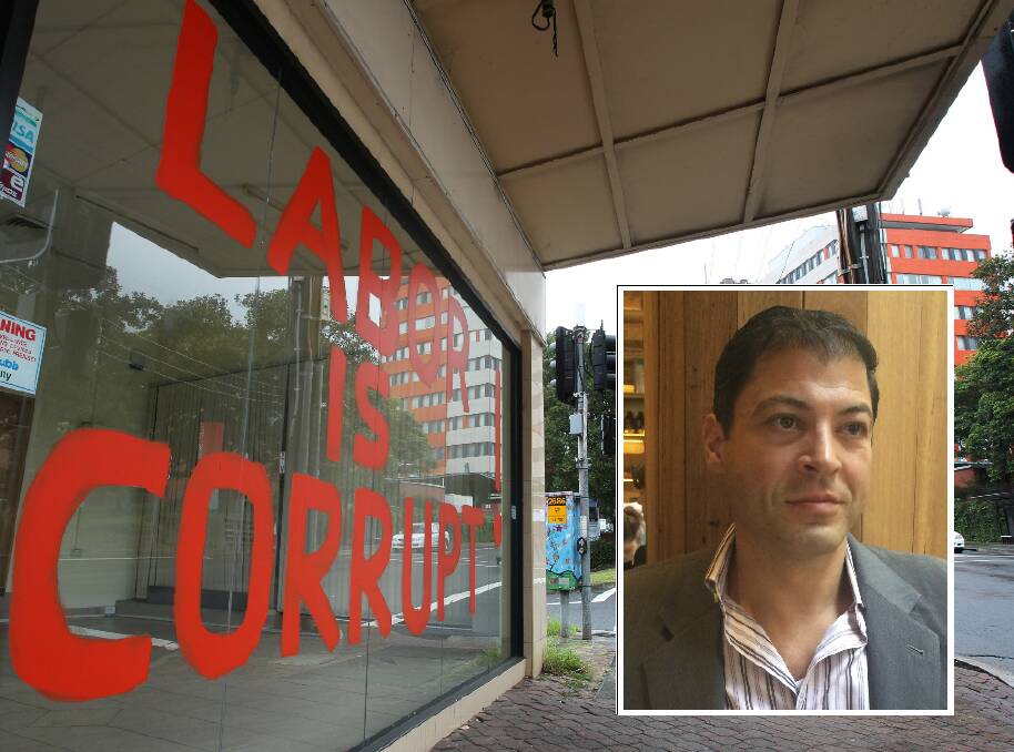 Strong message: In 2011, the words 'Labor is corrupt' were painted in red on the front of a property owned by Amri Harb (inset), who has been struck off as a lawyer.