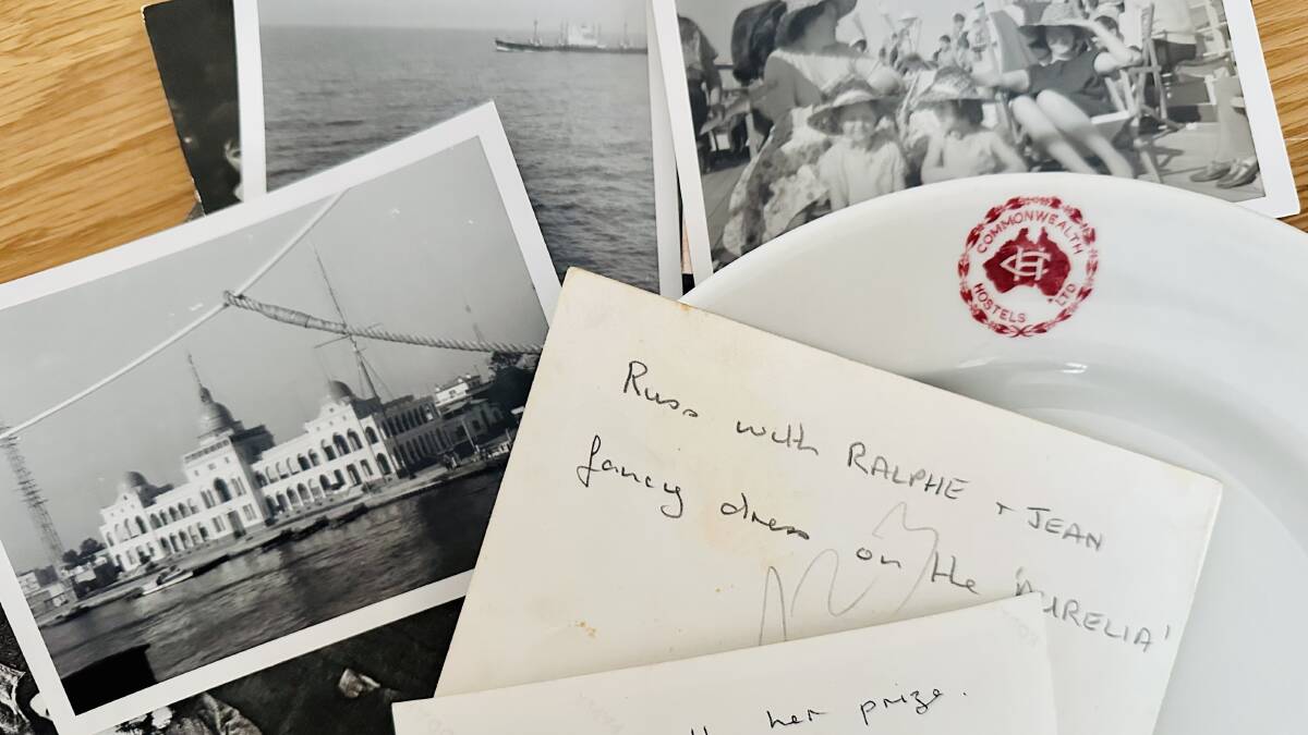 Scenes from the voyage to Australia aboard the Aurelia - including the Suez Canal, along with a Commonwealth Hostels of Australia plate that the family would use to collect their communal meals at Berkeley migrant hostel.