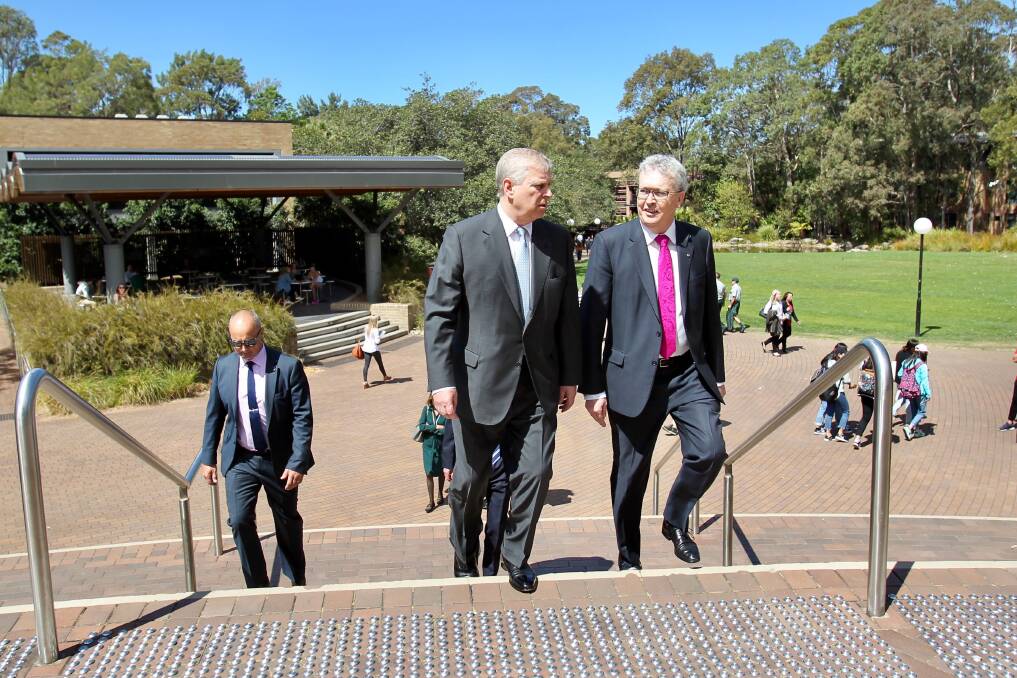 Program under question: Prince Andrew with UOW Vice-Chancellor Paul Wellings during the royal visit to Wollongong in 2017. Picture: Adam McLean.