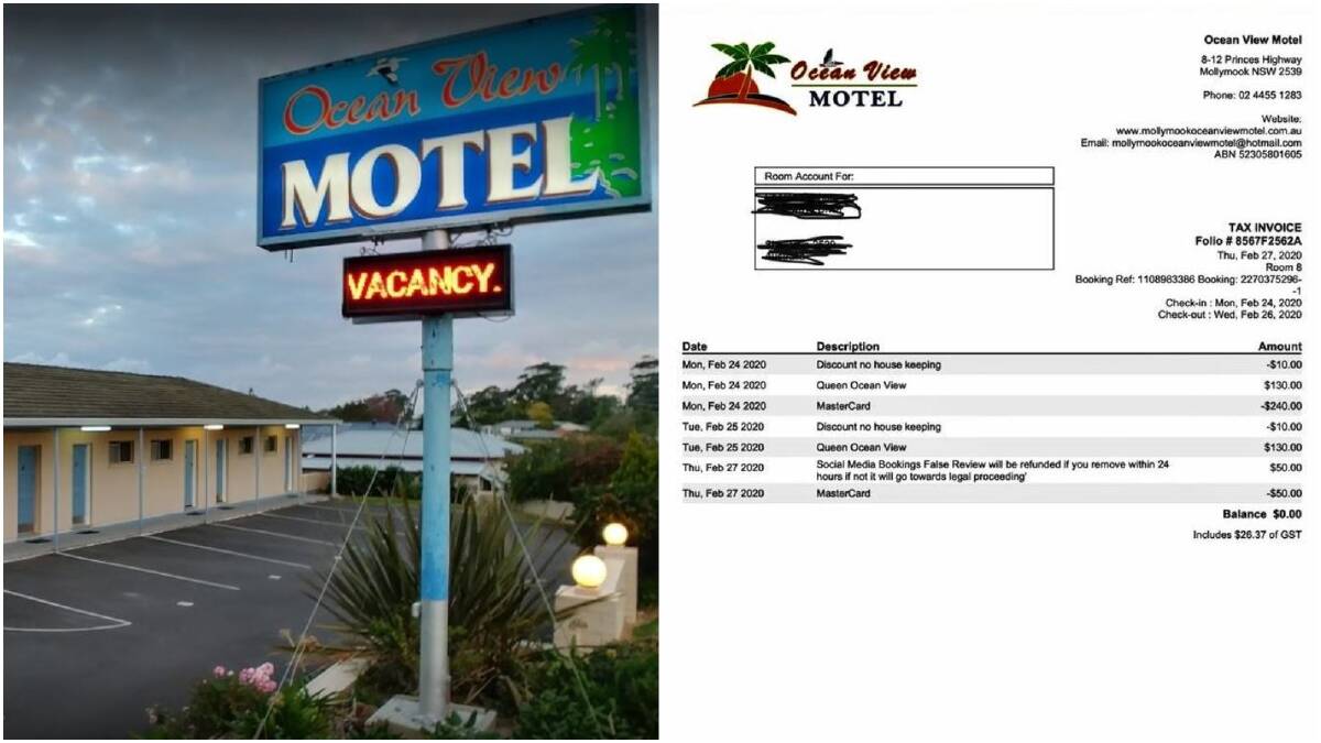 Mollymook's Ocean View Motel (image credit: Google) sent Illawarra woman Sharon Graham an invoice (right) with a $50 charge for her social media review.