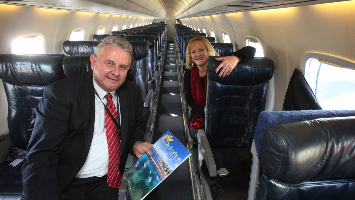 JetGo managing director Paul Bredereck with Shellharbour mayor Marianne Saliba on the airline's first Illawarra flight. Picture: Robert Peet.