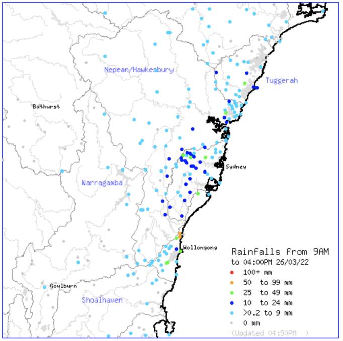 Russell Vale Colliery and Rixons Pass, highlighted in orange, have received the highest rainfall on Satruday.