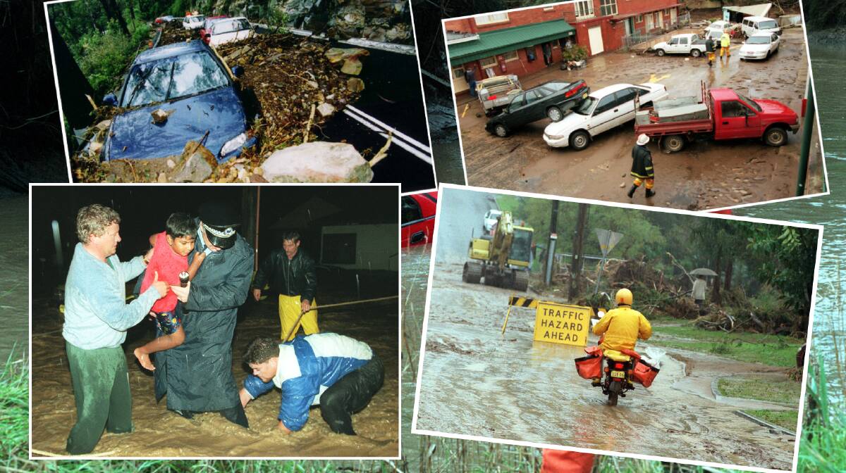 Devastation: Some of the scenes around Wollongong in the aftermath of the August 1998 flood, when nearly 400mm of rain fell on the city. 