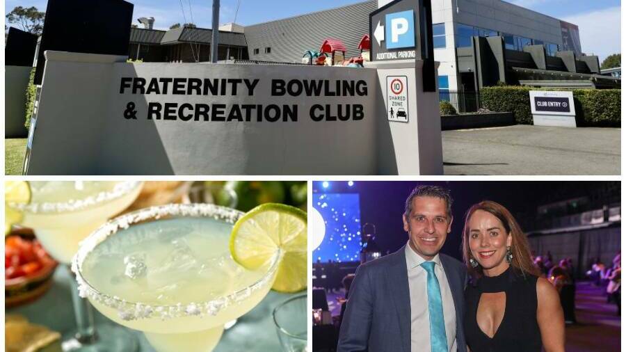 Clockwise: The outside of The Fraternity Club, NSW Health Minister Ryan Park with his wife Kara Lamond and a margarita cocktail.