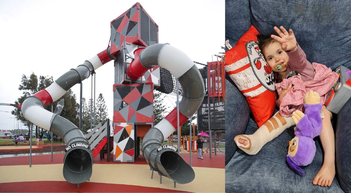 Adventurous Berkeley two-year-old Tailah Smith broke her tibia on Sunday, on the slide at the newly opened Reddall Reserve playground. Main picture by Adam McLean, right image supplied.
