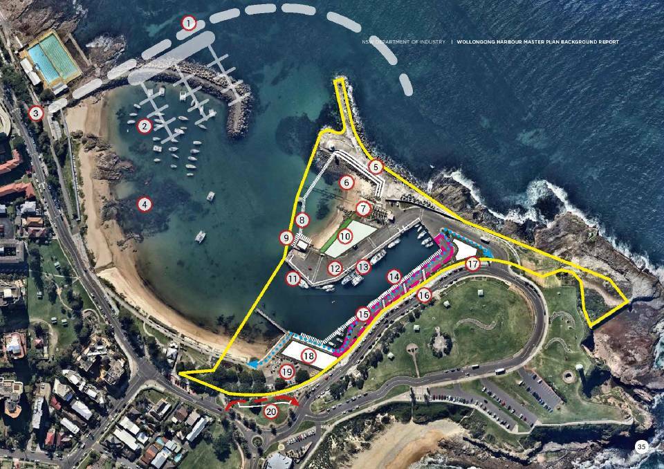 Future options: Included is a proposal to extend the northern breakwater and create a marina and floating cafe (items 1 and 2). Picture: NSW Department of Industry.