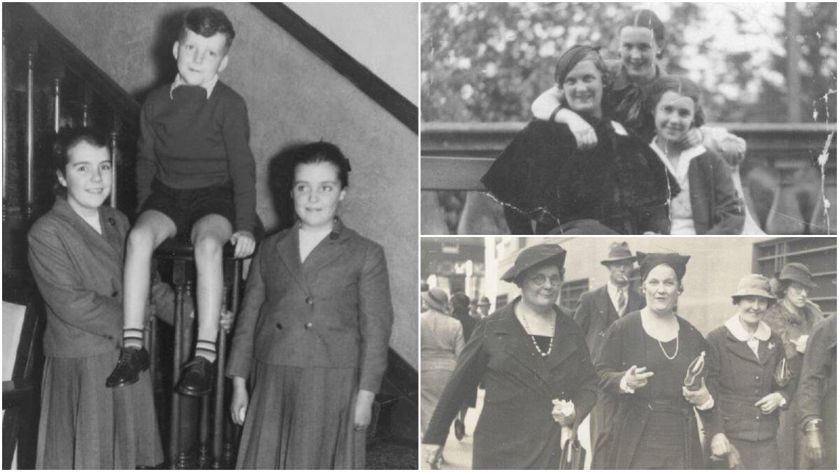 A family affair: Hilda, pictured with her sisters Mabel and Jessie (below right), and with her daughters Margaret and Pamela (top right). At left, her grandchildren Penelope, Prue and Robert are pictured on the central stairs at the Hotel Illawarra. Pictures supplied by Penelope Kearney.