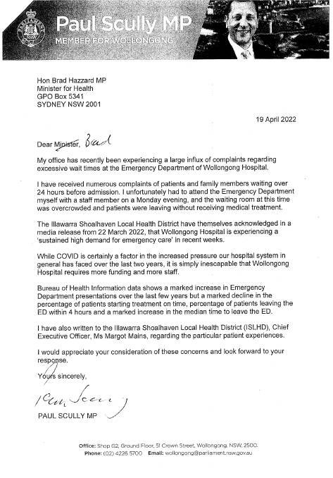 A letter from Wollongong MP Paul Scully to NSW Health Minister Brad Hazzard