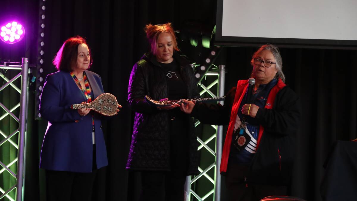 UOW Vice-Chancellor Professor Patricia Davidson, Executive Director (Indigenous Strategy) Jaymee Beveridge and Aunty May Button at the UOW Reconciliation event last year. Picture: Robert Peet