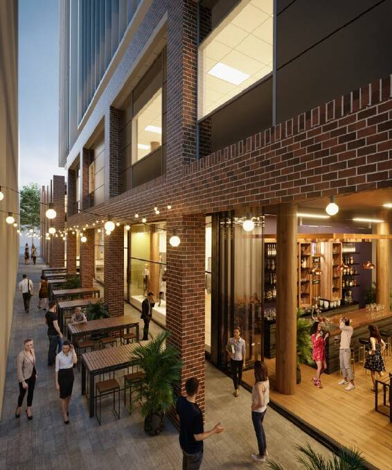 Laneways: Artwork included with the plan shows a mock-up of the future "Lois Lane," with a wine bar and clothing store between the office buildings. Picture: ADM/WCC.