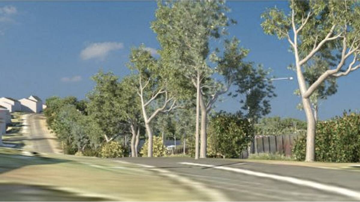 Proposal showing mature planting at approximately 10 years after road opening looking south east from the corner of Dumfries Avenue and Bellebrae Avenue (subject to further design and consultation). Picture from Transport for NSW