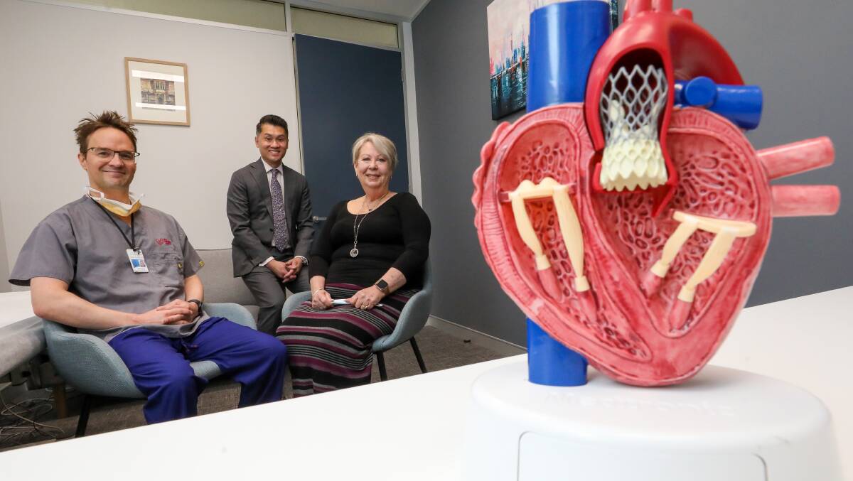 The Cardiac Centre's Dr Ed Danson and Dr Aston Lee with patient Kaye Breakspear, who was one of the first people to have a minimally invasive valve replacement procedure done in Wollongong. Photo by Adam McLean.