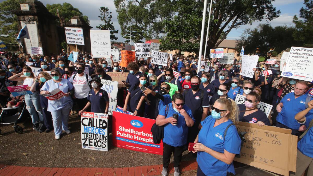 In March, more than 1000 people joined a march and rally in Wollongong during a 24-hour nurses strike. Picture: Sylvia Liber.