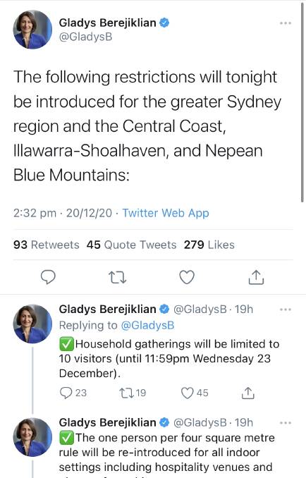 This thread was posted on Twitter by NSW Premier Gladys Berejiklian on Sunday afternoon.