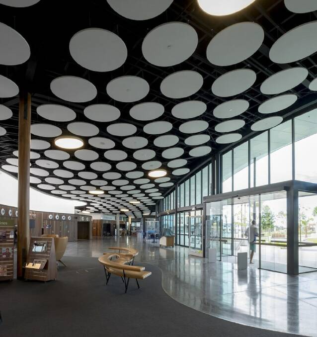 Public access: The foyer of the hub includes elements which mimic the bushland surrounding Shellharbour, including timber columns and clad walls. Images: Supplied.