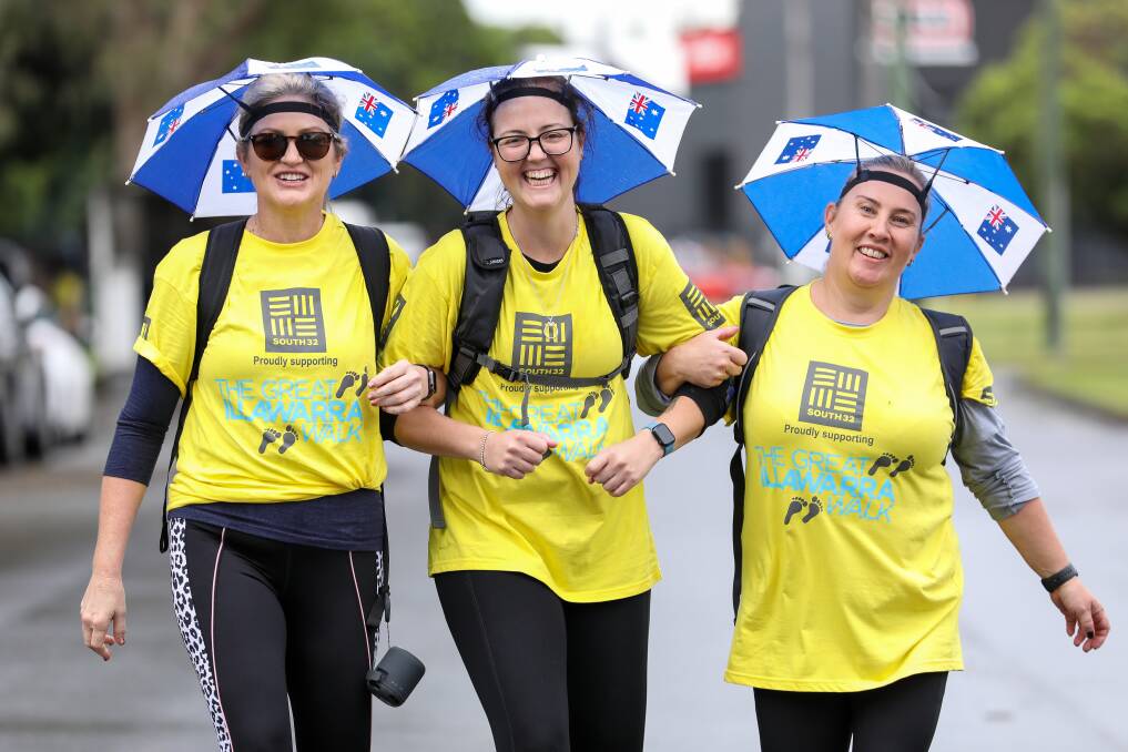 Walking for a cause: Workmates Naomi Chesney, Belinda Morgan and Shannah Sprod were among hundreds taking part in this year's Great Illawarra Walk. Picture: Adam McLean.