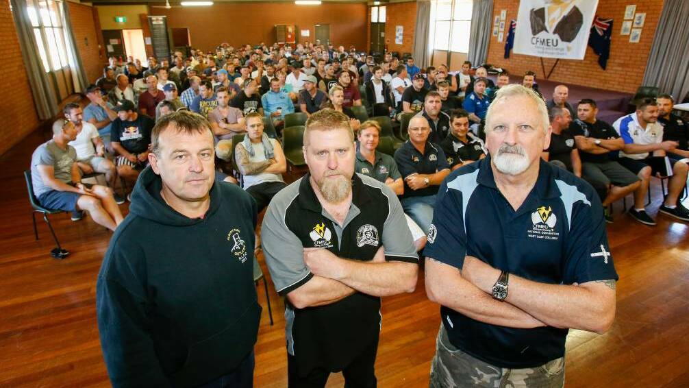 CFMEU district vice president Bob Timbs (centre) with Helensburgh colliery lodge president Andrew Davie and Appin colliery miner Brett Reeves at a meeting last week. Picture: Adam McLean