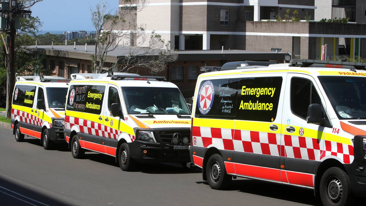 Ambulances queued on Darling Street as there was no space left in the bays outside the hospital. Picture: Sylvia Liber.