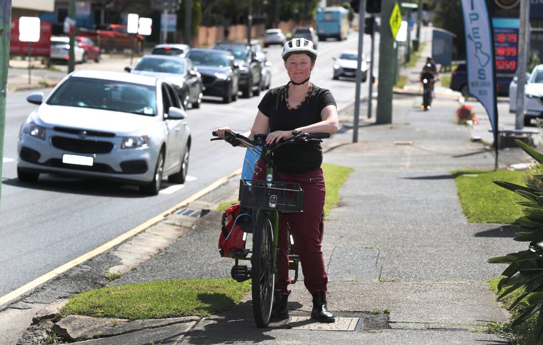 Wollongong councillor Cath Blakey on the footpath along Crown Street. She says allowing cyclists to ride on footpaths would increase safety and cycling uptake, especially among women. Picture by Robert Peet