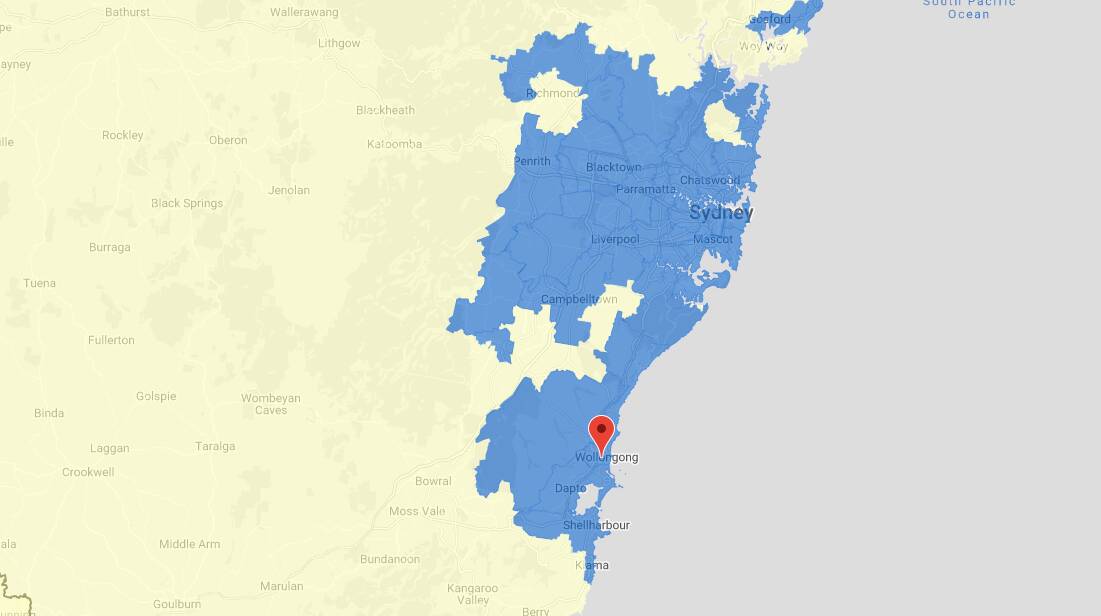 Wollongong, contained within the blue zone, is not a Distribution Priority Area - which means it is considered to not have a shortage of GPs.