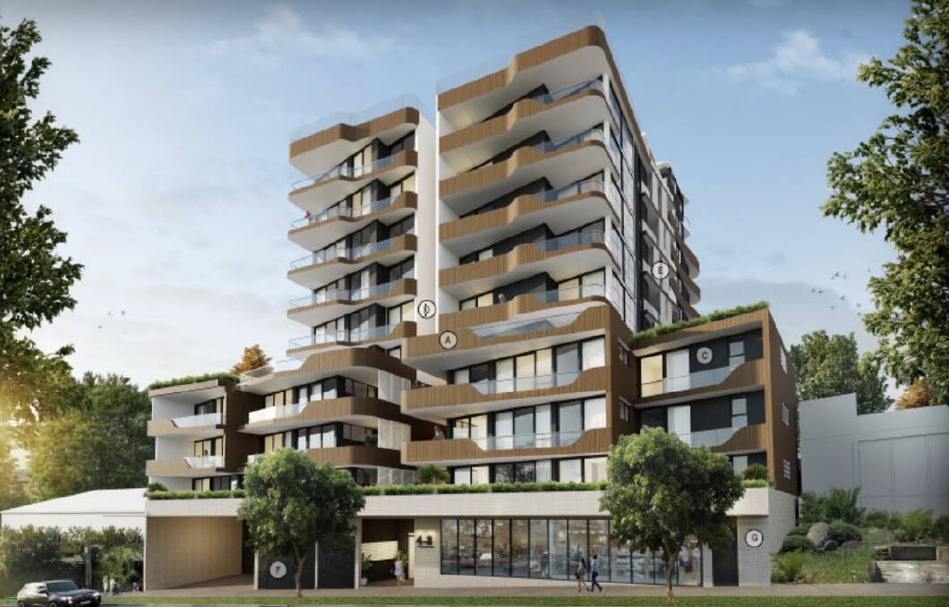 The Parkinson Street frontage would include a 12-storey tower with 65 apartments. Image: MMJ Wollongong.