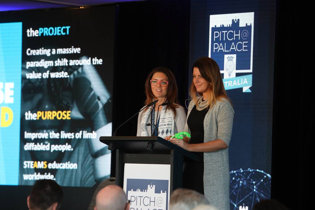 Calling for "knight in shining armour": Cyn and Sara, of robotic prosthetic enterprise Re:Purpose For Good, make their pitch to Prince Andrew. Picture: Sylvia Liber.