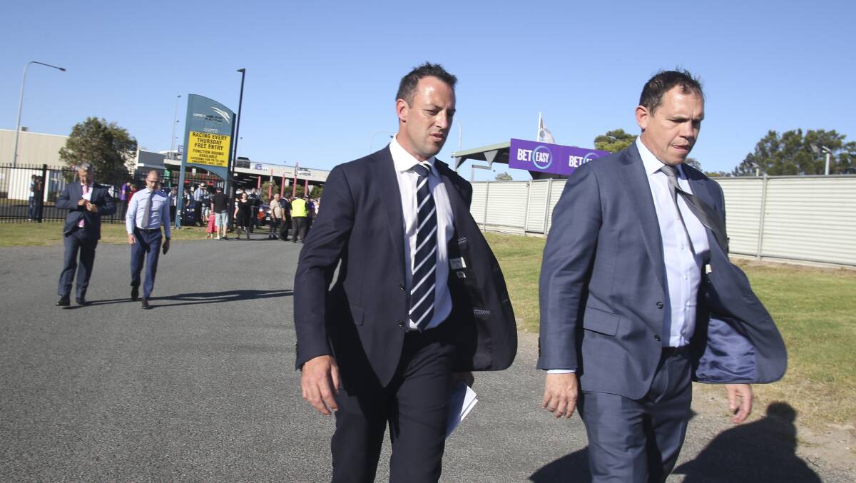 Administrator Grant Carroll and Greyhound Racing NSW CEO Tony Mestrov enter the Dapto showgrounds on November 7. Picture: Anna Warr