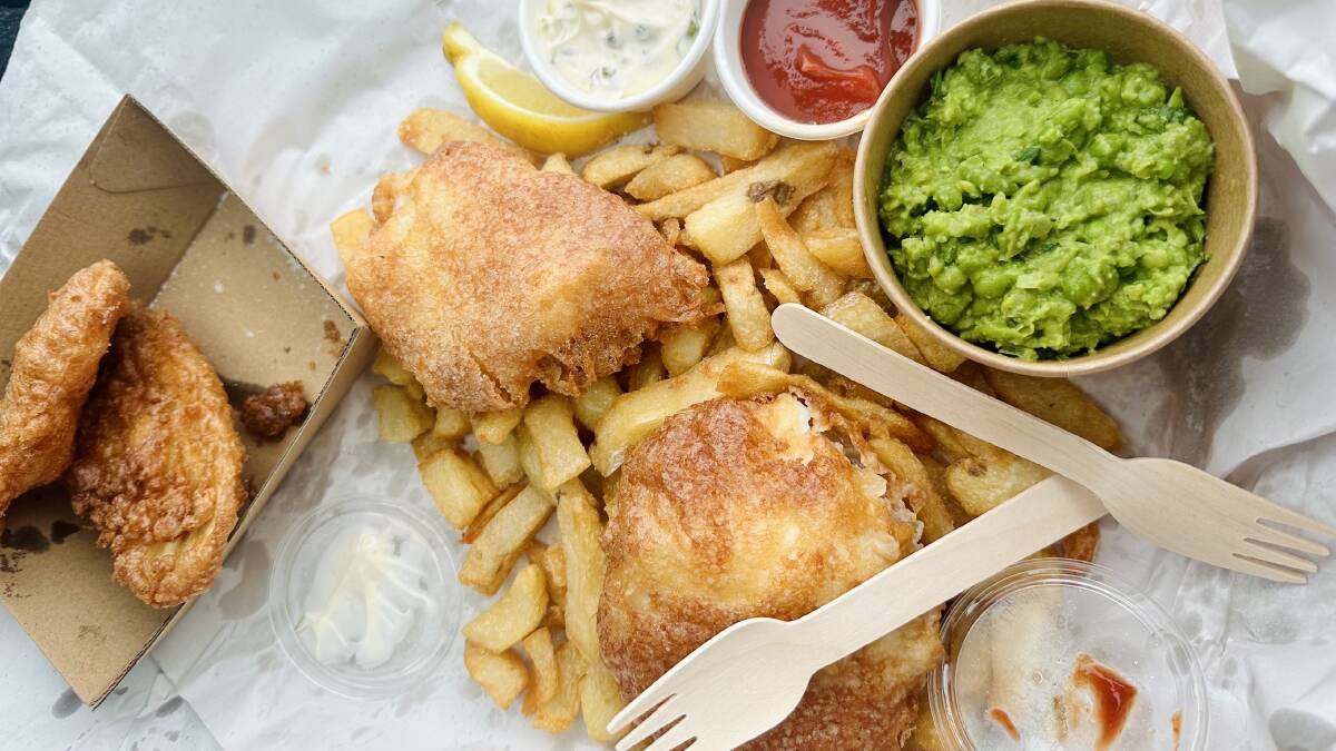 Fish and chips, with some sides of potato scallops and minty peas. Picture by Kate McIlwain