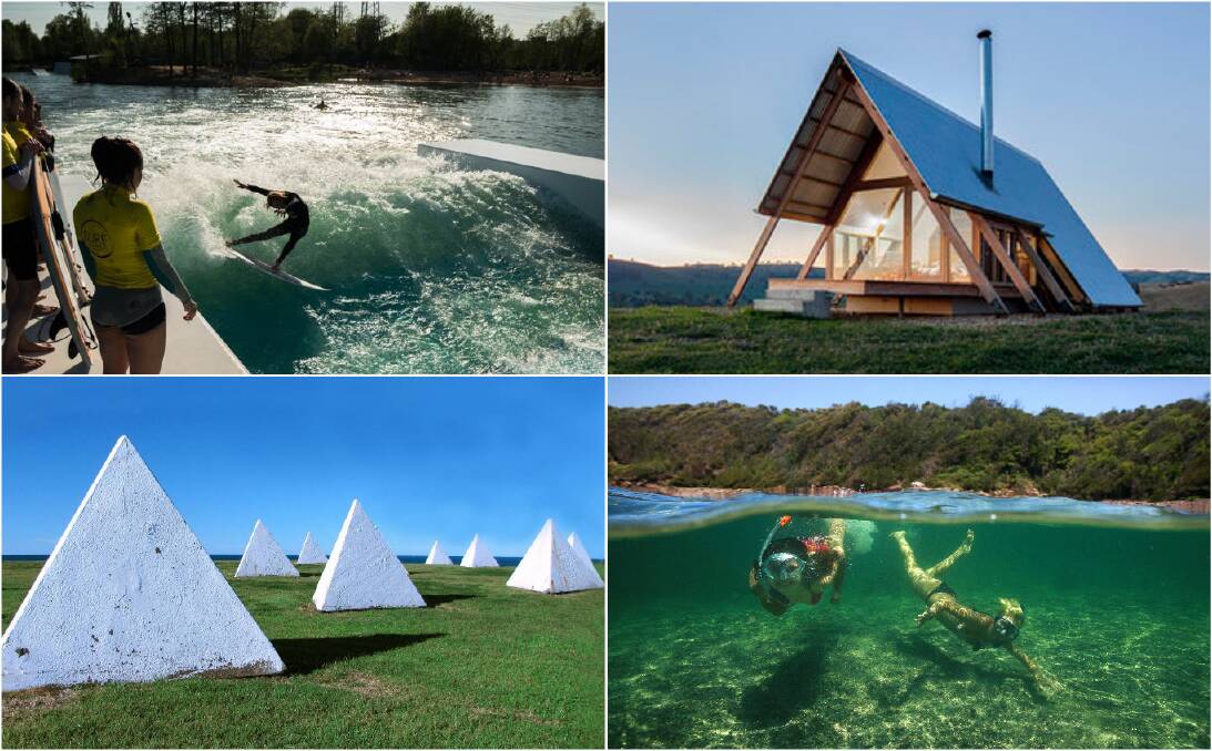 Thought starters: An eco-resort with a wave pool, a historical precinct and a snorkelling hub are among ideas for Port Kembla contained in a tourism report. Pictures: Unit Surf Pools, Jr's Hut at Kimo Estate, Mercury archives.