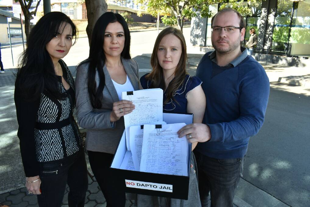 Anti-jail campaigners Mary Marciano, Sonia Huseyin, Jess Mesa and Alan Mesa presented their petition to Shellharbour MP Anna Watson on Friday. Picture: Supplied.