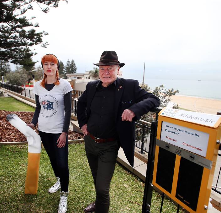 Tackling the big issues: Keep Australia Beautiful's Alice Morgan joins with Wollongong Lord Mayor Gordon Bradbery to launch new "butt ballots" to encourage smokers not to litter. Picture: Sylvia Liber.