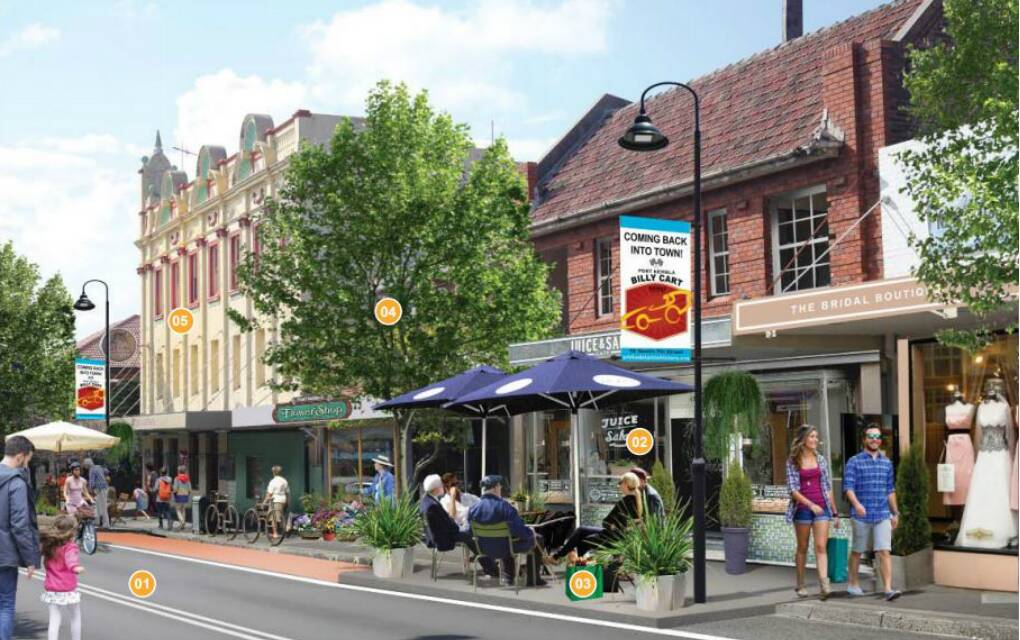 Wentworth Street plan: (1) Focus on northern portion, (2) upgraded shopfronts, (3) kerb blisters to allow dining and (4) street trees. Images: Wollongong City Council.