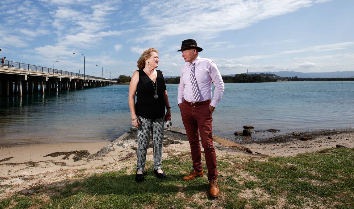 Unity a bridge too far: Shellharbour mayor Marianne Saliba and Wollongong Lord Mayor Gordon Bradbery meet at Windang Bridge. Picture: Adam McLean.