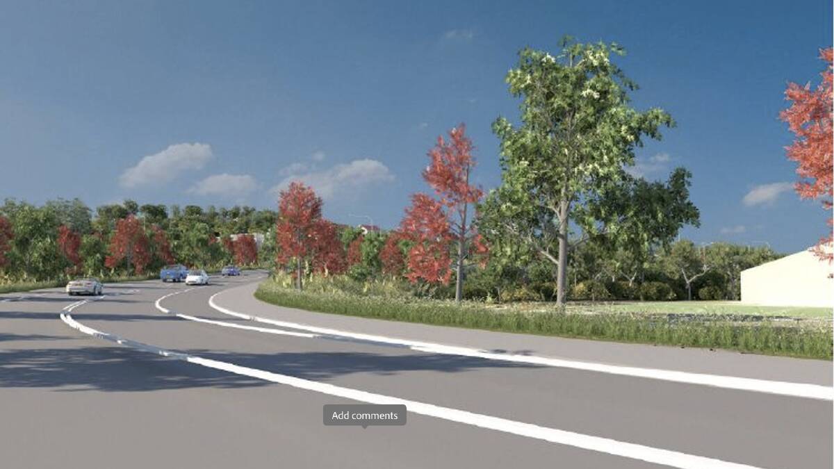 Proposal showing mature planting at approximately 10 years after road opening looking north east from the University of Wollongong (subject to further design and consultation). Picture from Transport for NSW