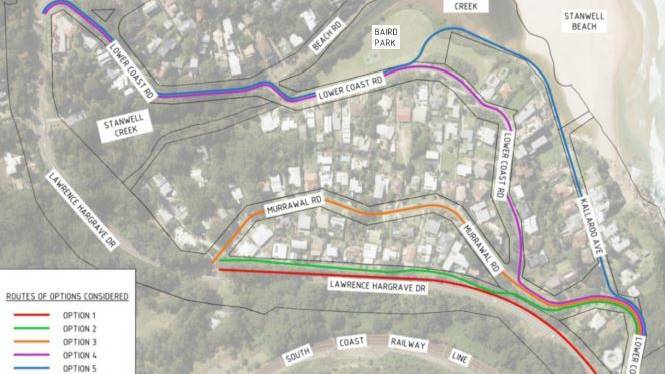 The council's chosen option is Option 3, in orange along Murrawal Road. Picture: Wollongong City Council.