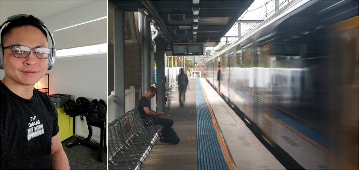 Circuit breaker: Figtree resident Harris Cheung (left) normally spends up to 17 hours a week commuting to Sydney for work - but his routine has been dramatically altered by the COVID-19 pandemic. Pictures: Supplied/Anna Warr.