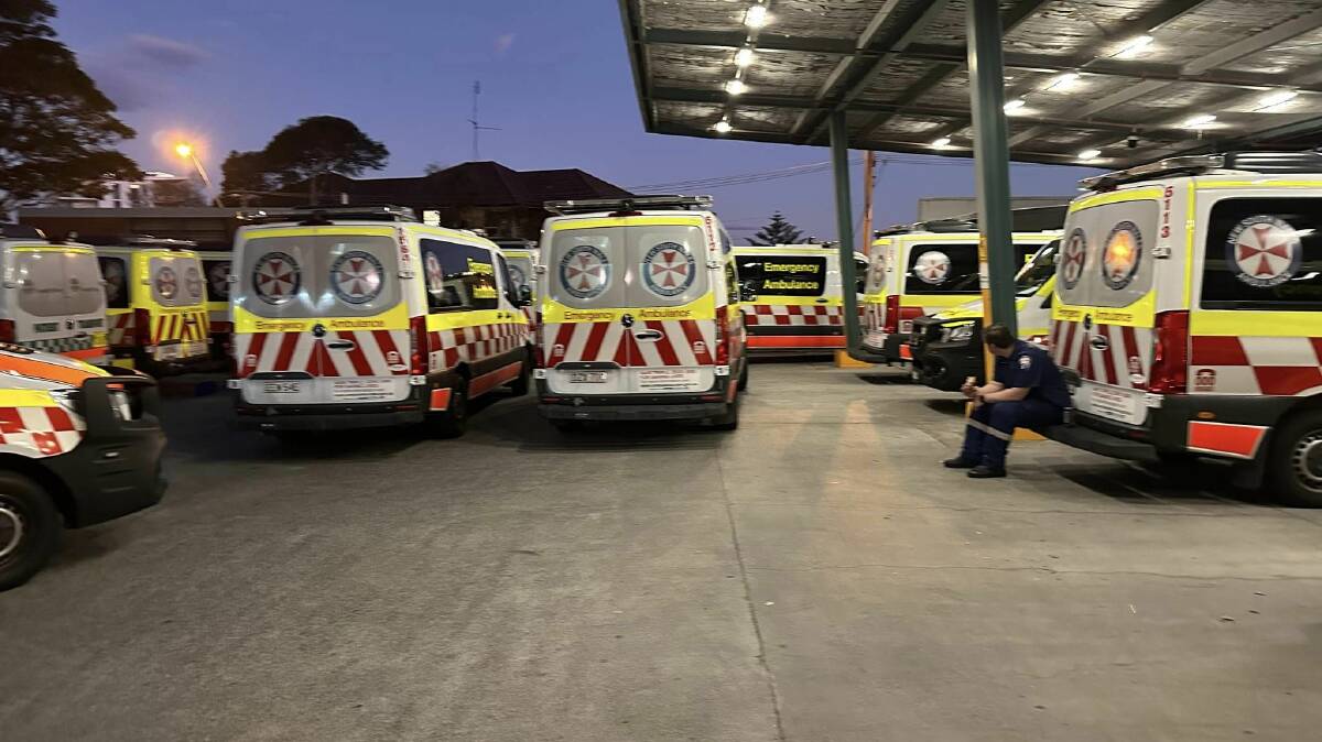 Ambulances in bed block at Wollongong Hospital last week. Picture from Facebook.