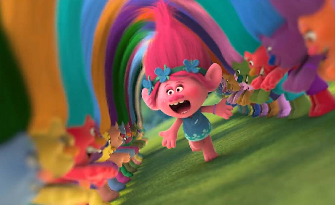 TROLLS: This kids' flick tells the story of the fluoro-haired Troll Dolls and features the voices of Anna Kendrick and Justin Timberlake. Pictures: Supplied.