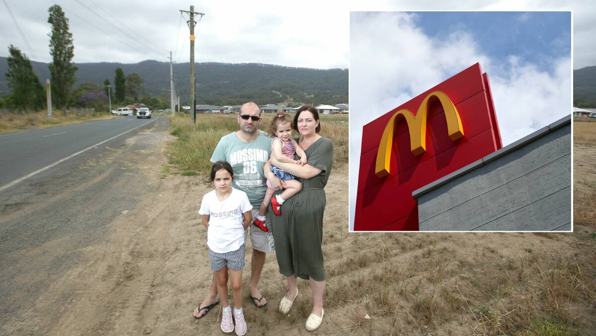 'Monstrosity': Natasha Panetta, with her husband Ben and daughters Arianna and Sadie, is leading the charge to stop McDonalds from opening a 24-hour restaurant in Wongawilli. Picture: Adam McLean.
