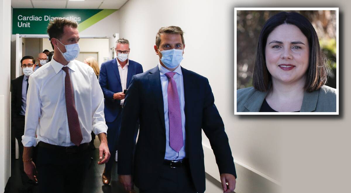 Premier Chris Minns and Health Minister Ryan Park - pictured last week at Wollongong Hospital - have set up an advice group to help with the roll-out of new nurse-to-patient ratios; local nurse and union boss Shaye Candish (inset) is one of the members.