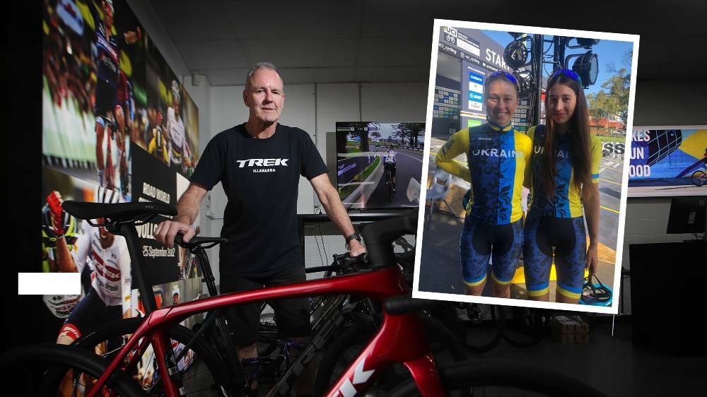 Store manager of Trek Bikes Wollongong, David McGuinn, is one of the many locals who has helped out Ukrainian riders during the UCI Road World Championships. Picture by Sylvia Liber, inset by Australian Federation of Ukrainian Organisations.
