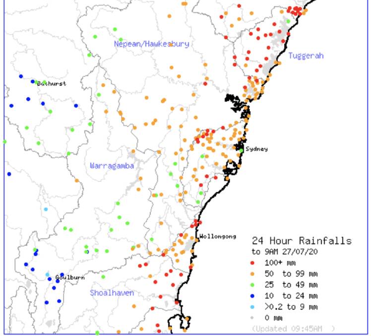 The red dots show areas where more than 100mm of rain was reocrded in the 24 hours to 9am on Monday. Map: Bureau of Meteorology. 