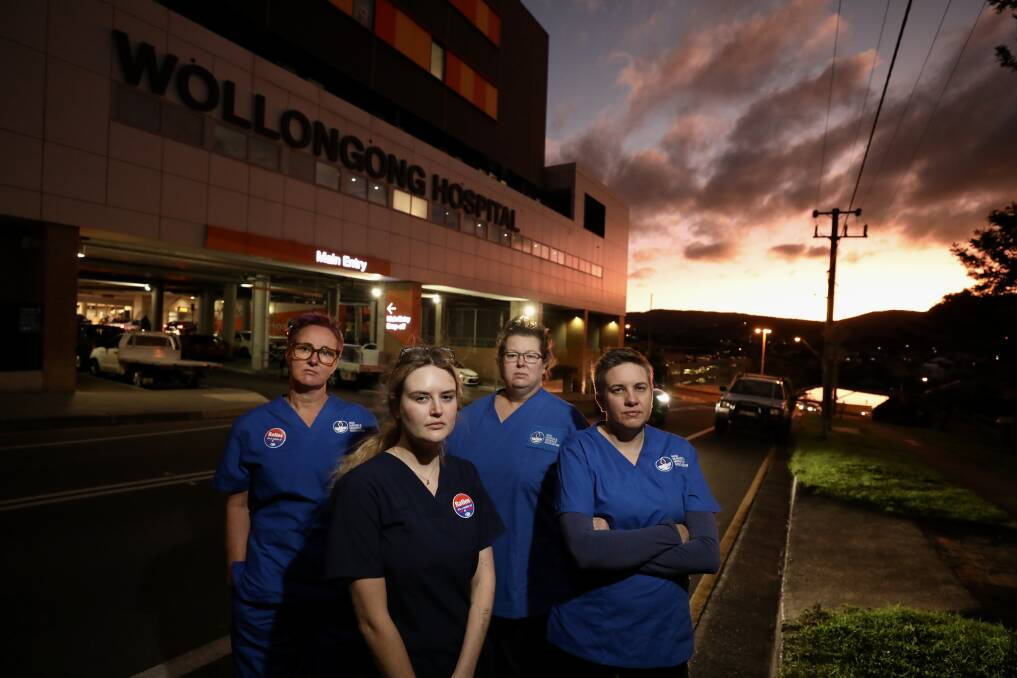 Not enough: NSW Nurses and Midwives Association members Bianca Vergouw, Genevieve Stone, Jamie Roberts and Emma Gedge said the pre-budget announcement would not fix the broken health system. Picture: Adam McLean.