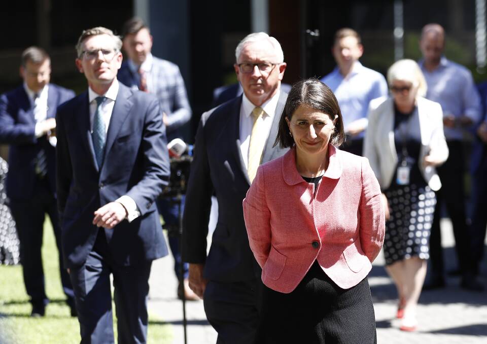 Party support: Fronting the media on Tuesday, Ms Berejiklian was flanked by senior party colleagues who have continued to back her for the top job. Picture: Getty Images.