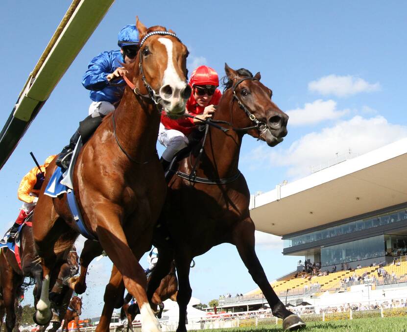 DOOMBEN: James McDonald riding on Archives, left, beats Jericho, ridden by Blake Shinn, right, in the McGrath Estate Agents Hamden Stakes at the Doomben Cup Day, Doomben race course, Brisbane, 21 May 2016.
