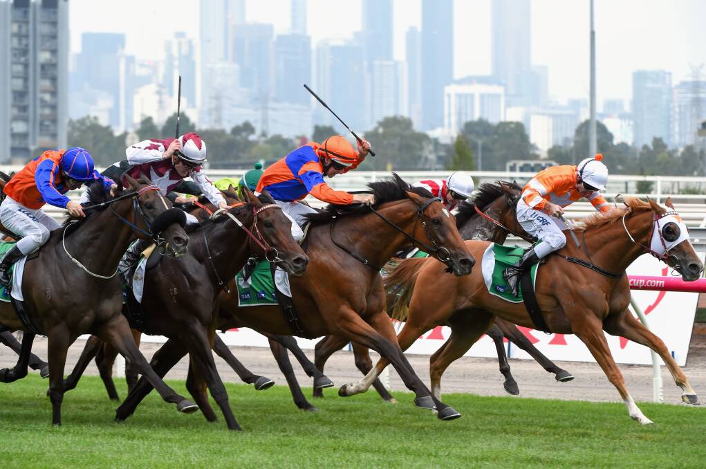 UP TO SPEED: In another race on March 5, Damian Lane riding Red Bomber wins from Brad Rawiller riding Burning Front. (Photo by Vince Caligiuri/Getty Images)