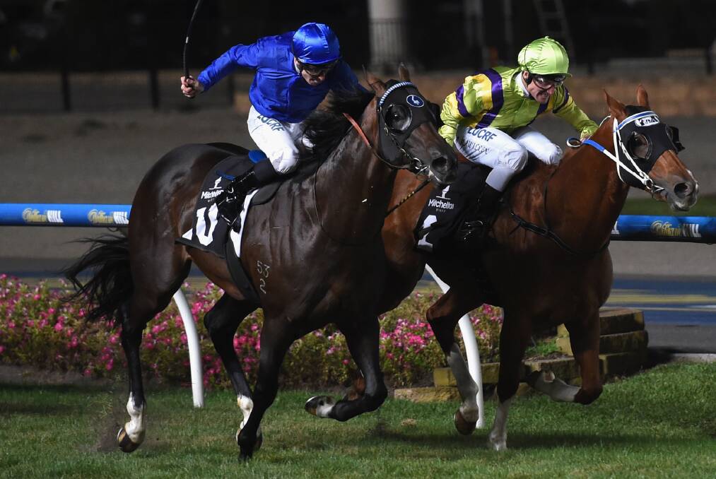 Brad Rawiller riding Flamberge defeats James McDonald riding Holler in the Mitchelton Wines William Reid Stakes during Melbourne Racing at Moonee Valley Racecourse. (Photo by Vince Caligiuri/Getty Images)

